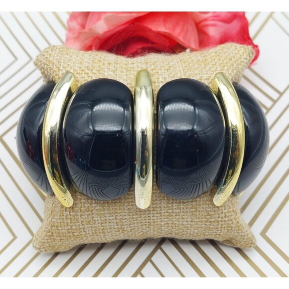 Lot of 3 Acrylic Statement Bracelets Stretch Wide Gold Tone Trim Blue Black Red - Picture 8 of 9